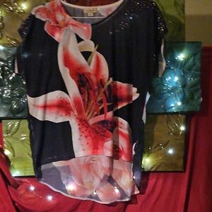 EUC ONE WORLD Black and Pinks Floral Blouse With Sheer And Rhinestone Detail
